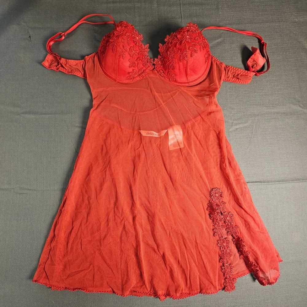 Delicates Red Mesh Floral Lace Babydoll Chemise Underwire Lingerie Small J9122